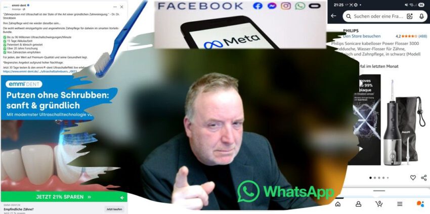Collage aus Zahnbürsten, Facebook/Meta und Clark Ahten, mit warnenden, erhobenem Finger